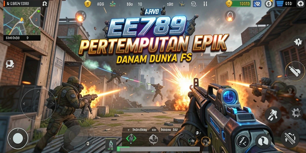Screenshot EE789 menampilkan aksi pertempuran intens dalam game FPS.