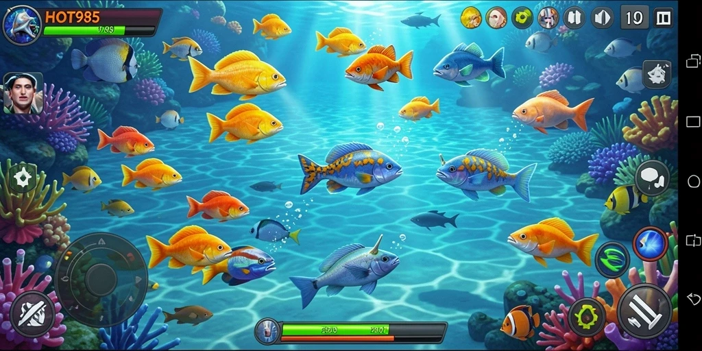 Gameplay seru HOT985 dengan berbagai jenis ikan untuk ditangkap.